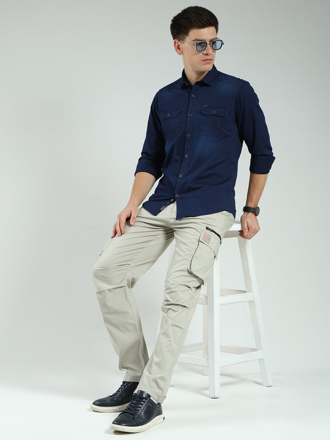 Men Blue Solid Collar Full Sleeve Shirt