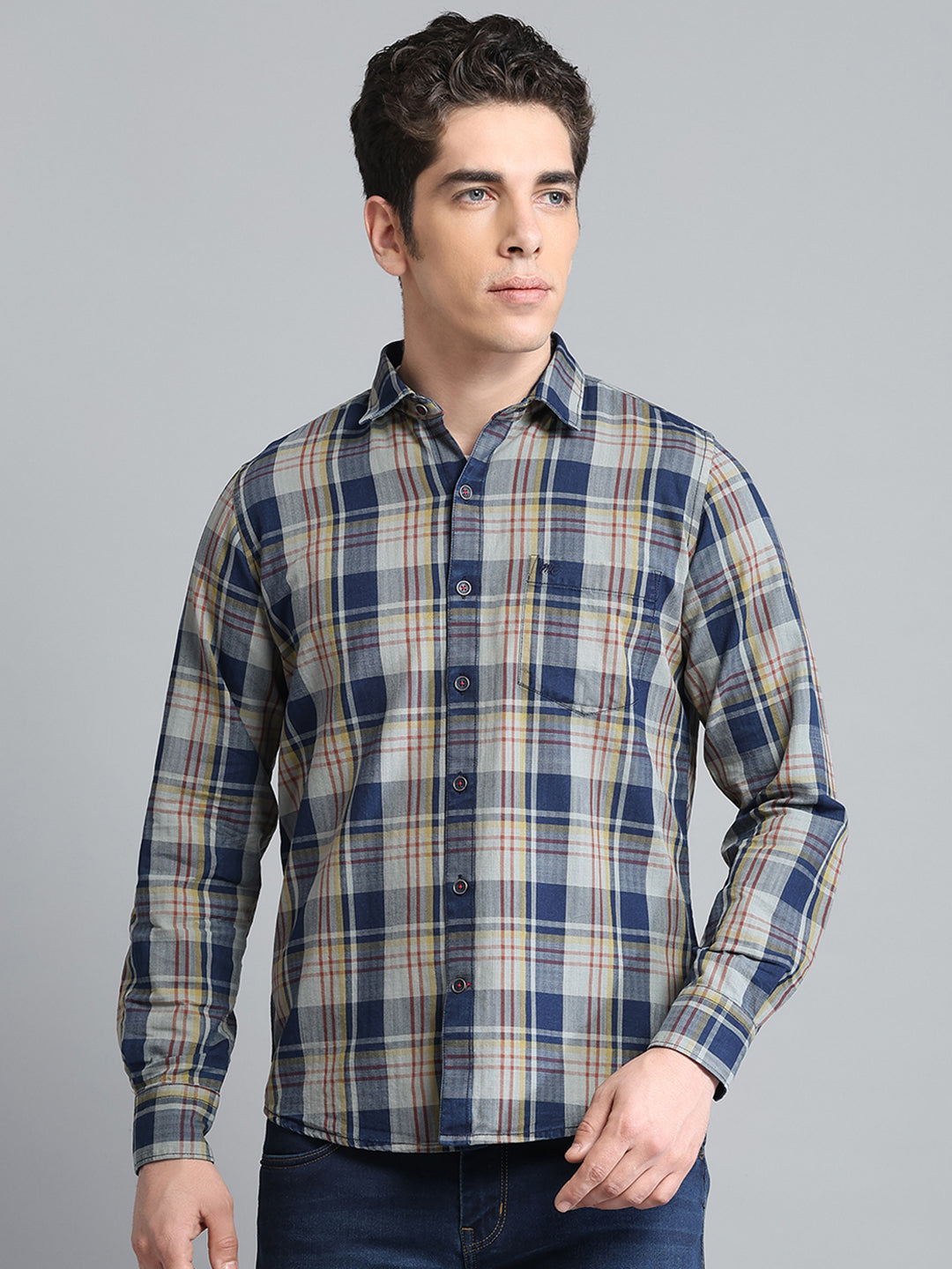 Men Blue Check Collar Full Sleeve Shirt
