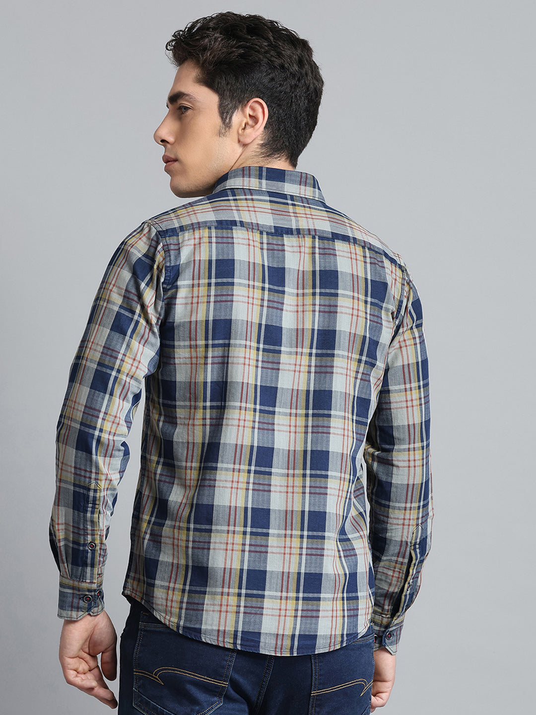 Men Blue Check Collar Full Sleeve Shirt