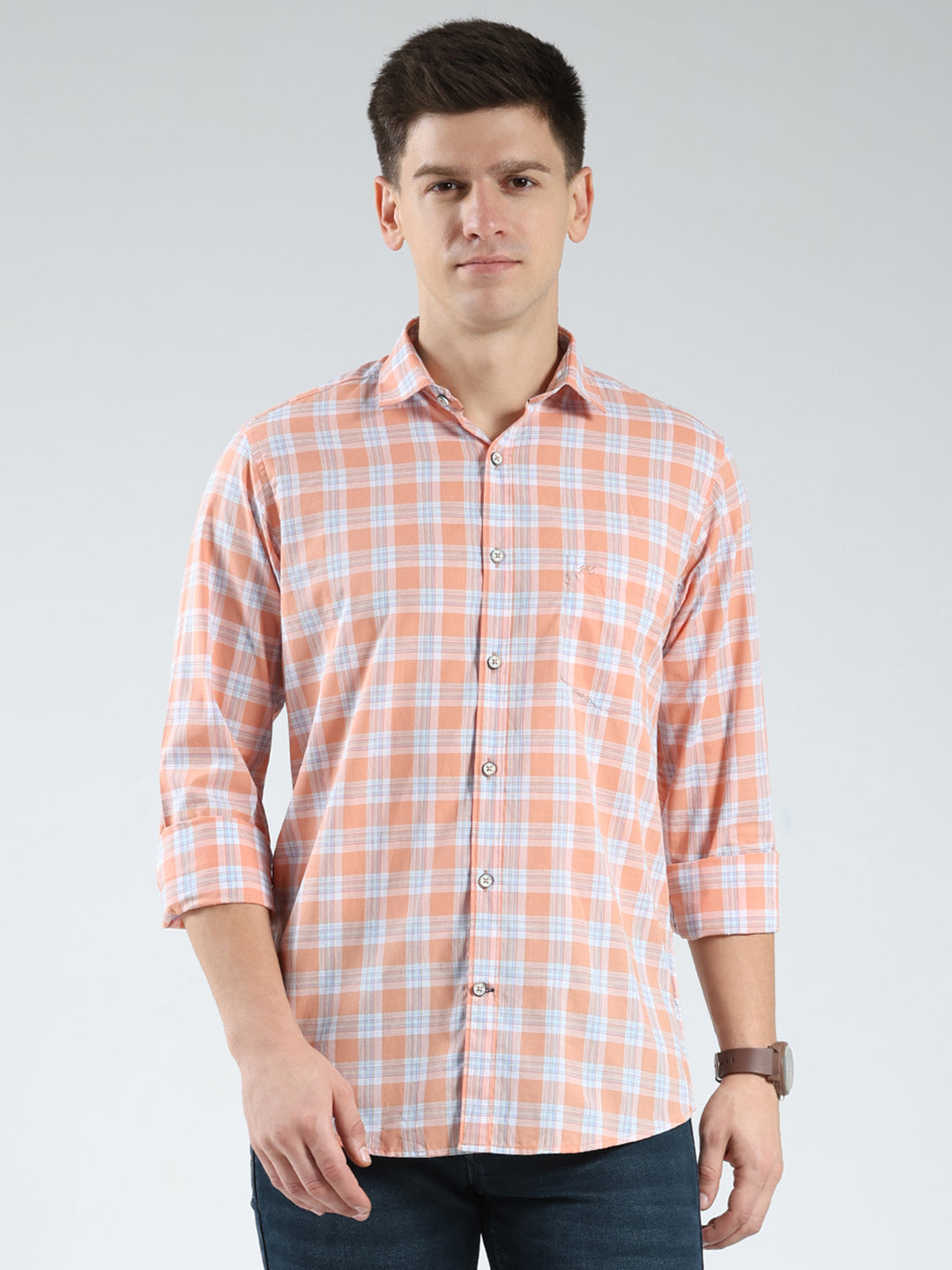 Men Orange Check Collar Full Sleeve Shirt