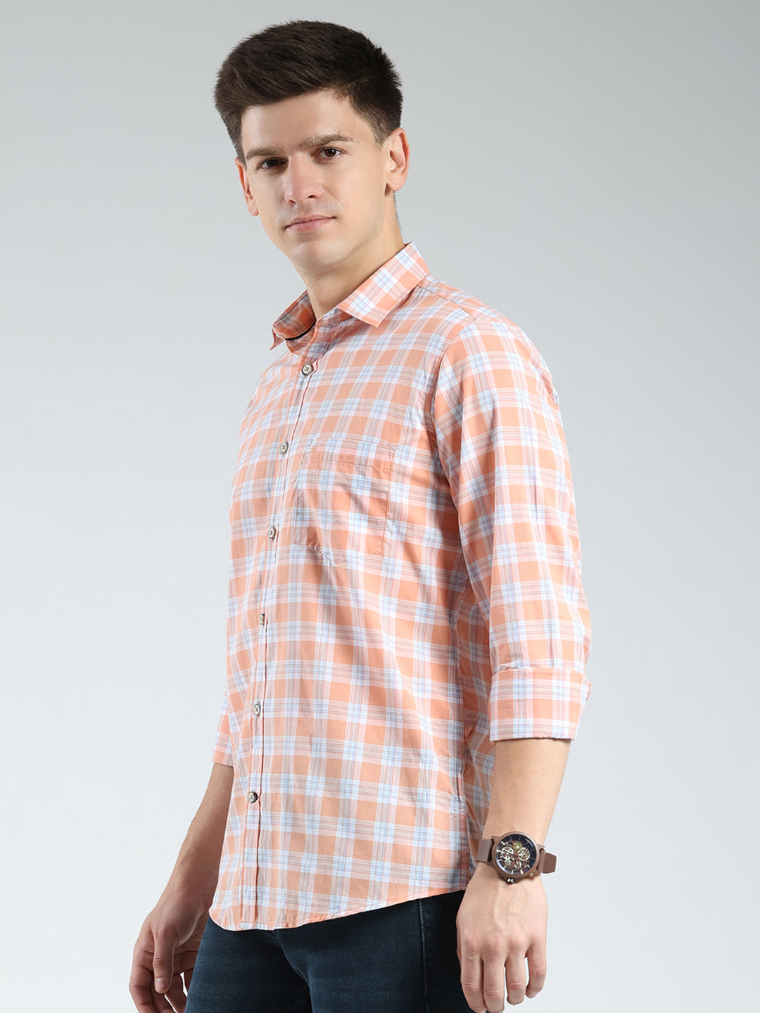 Men Orange Check Collar Full Sleeve Shirt