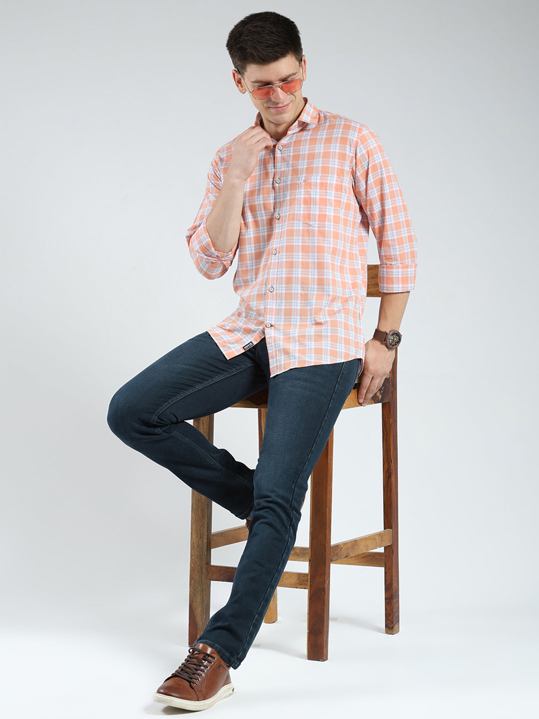 Men Orange Check Collar Full Sleeve Shirt