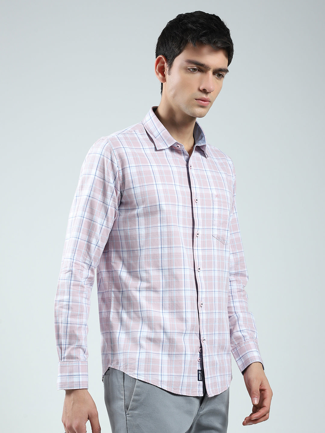 Men Pink Check Collar Full Sleeve Shirt