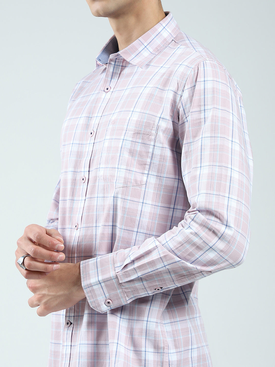 Men Pink Check Collar Full Sleeve Shirt