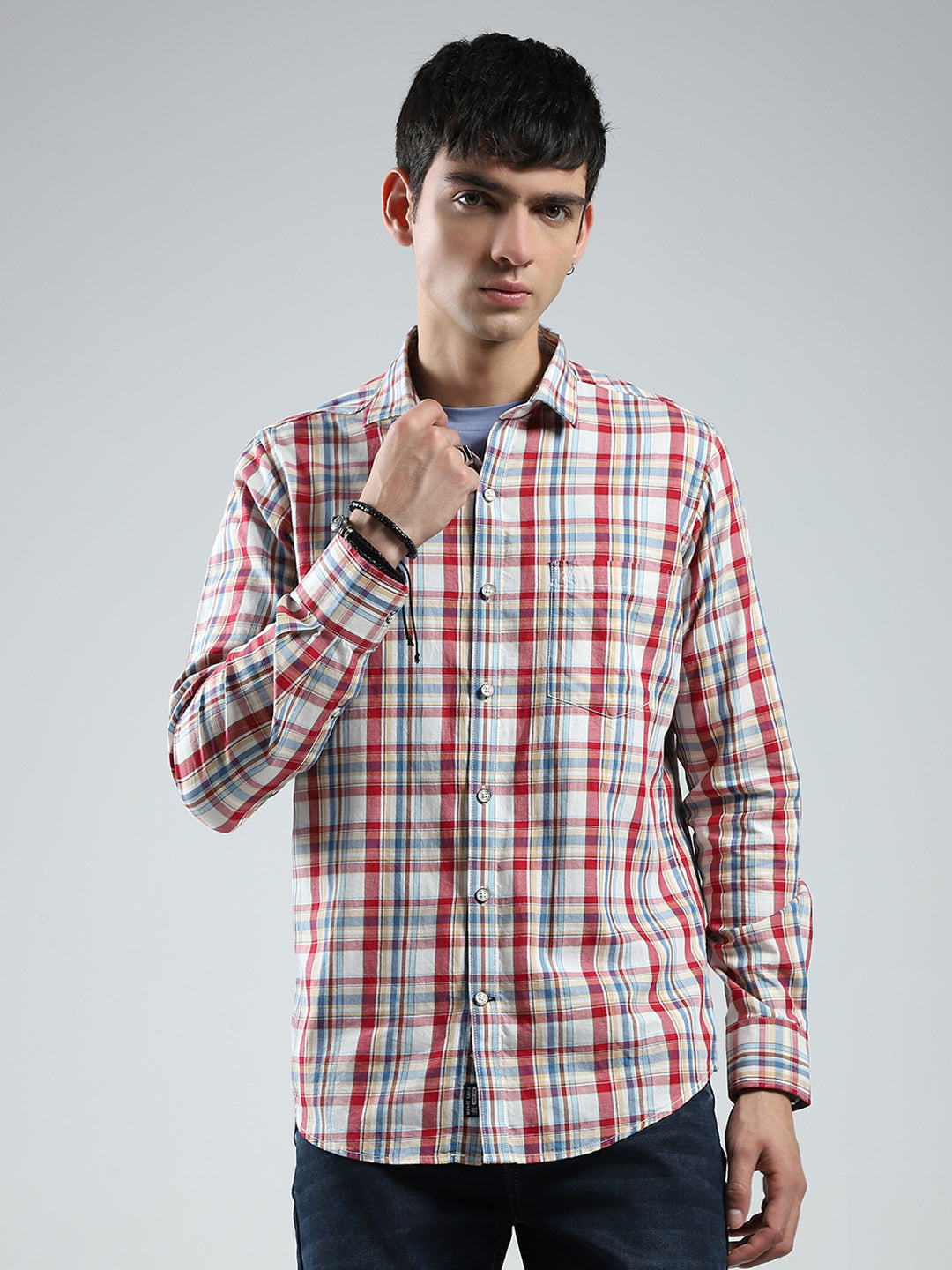 Men Red Check Collar Full Sleeve Shirt