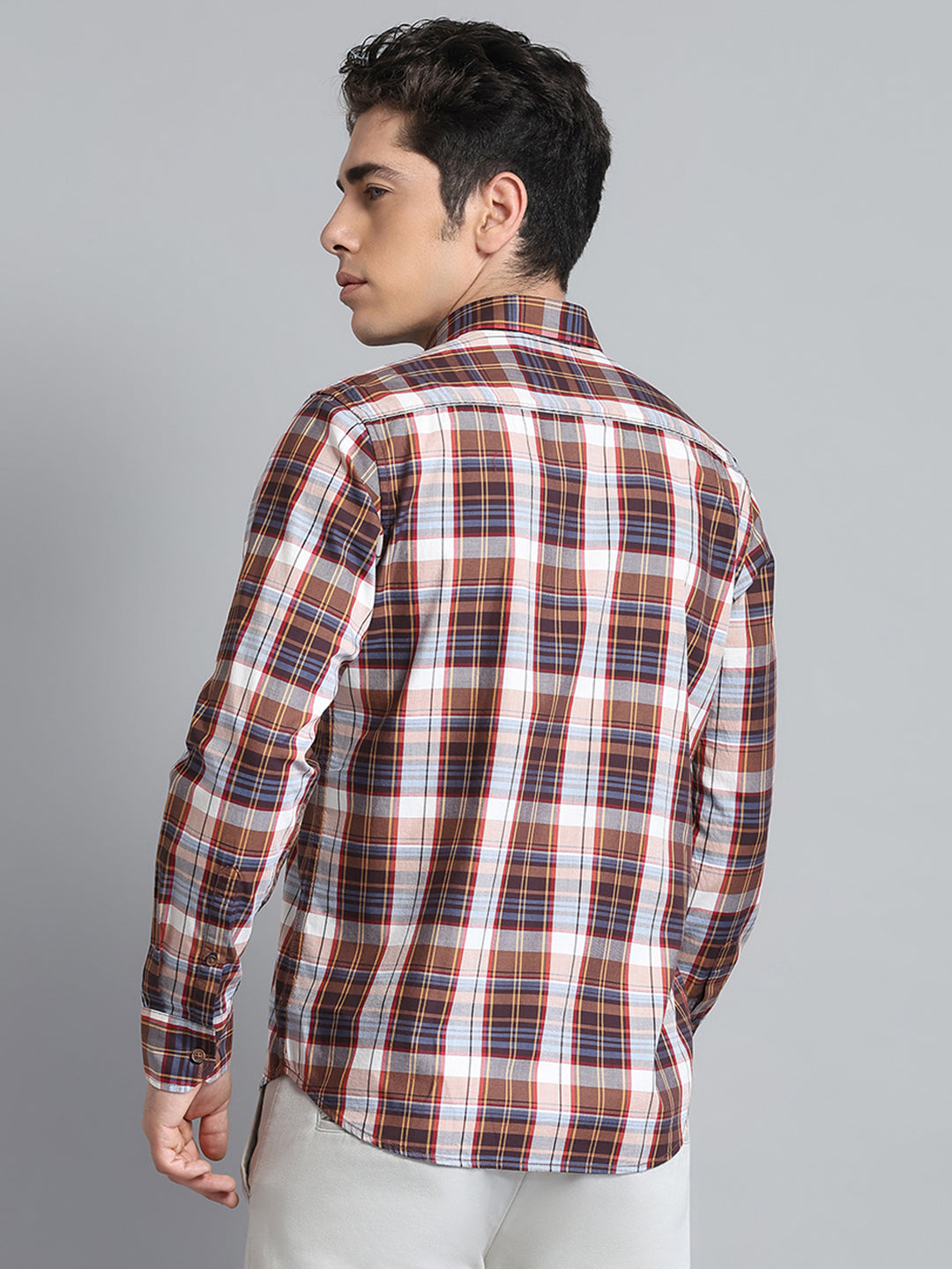 Men Brown Check Collar Full Sleeve Shirt