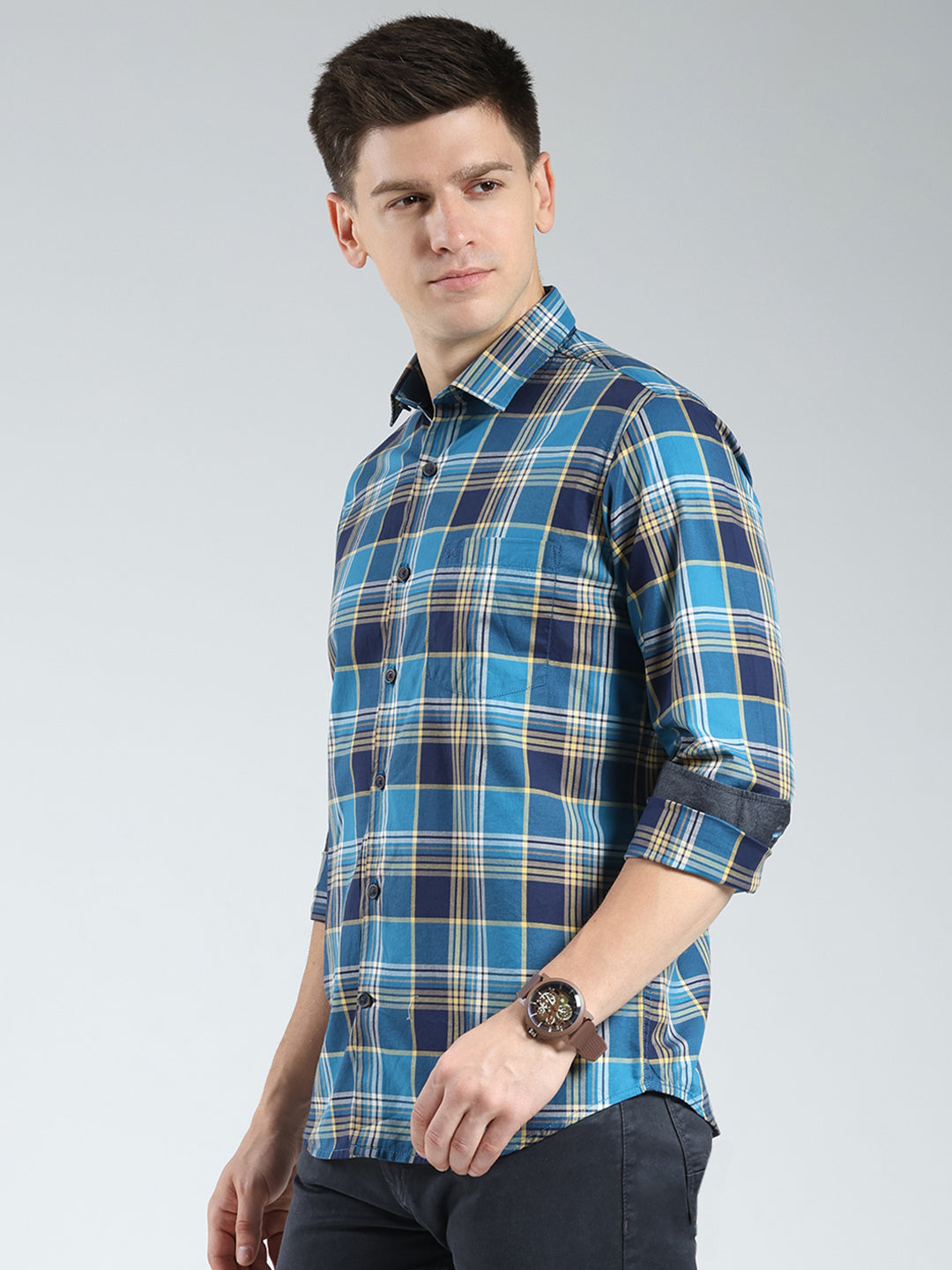 Men Blue Check Collar Full Sleeve Shirt