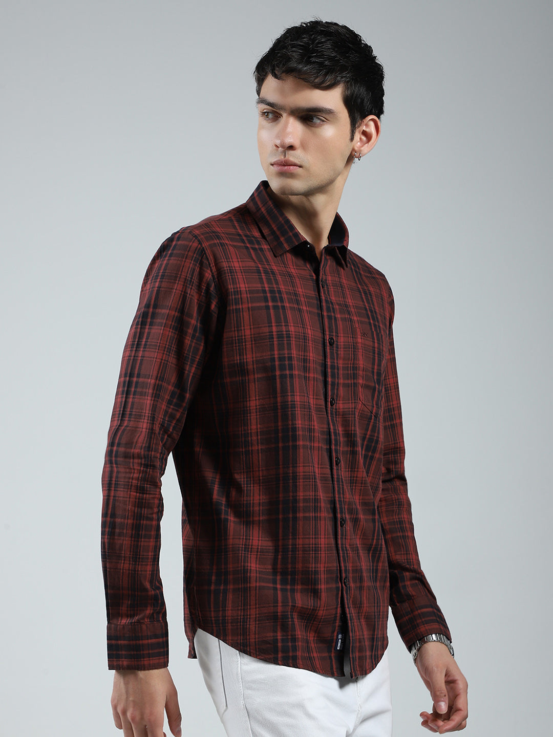 Men Maroon Check Collar Full Sleeve Shirt