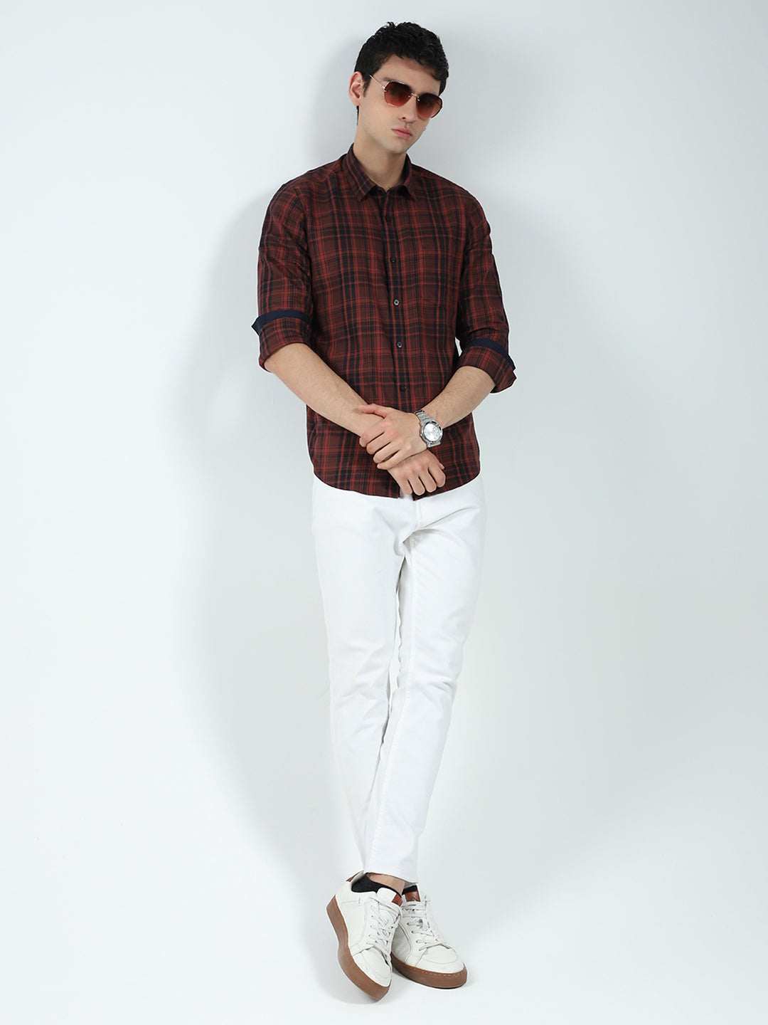 Men Maroon Check Collar Full Sleeve Shirt