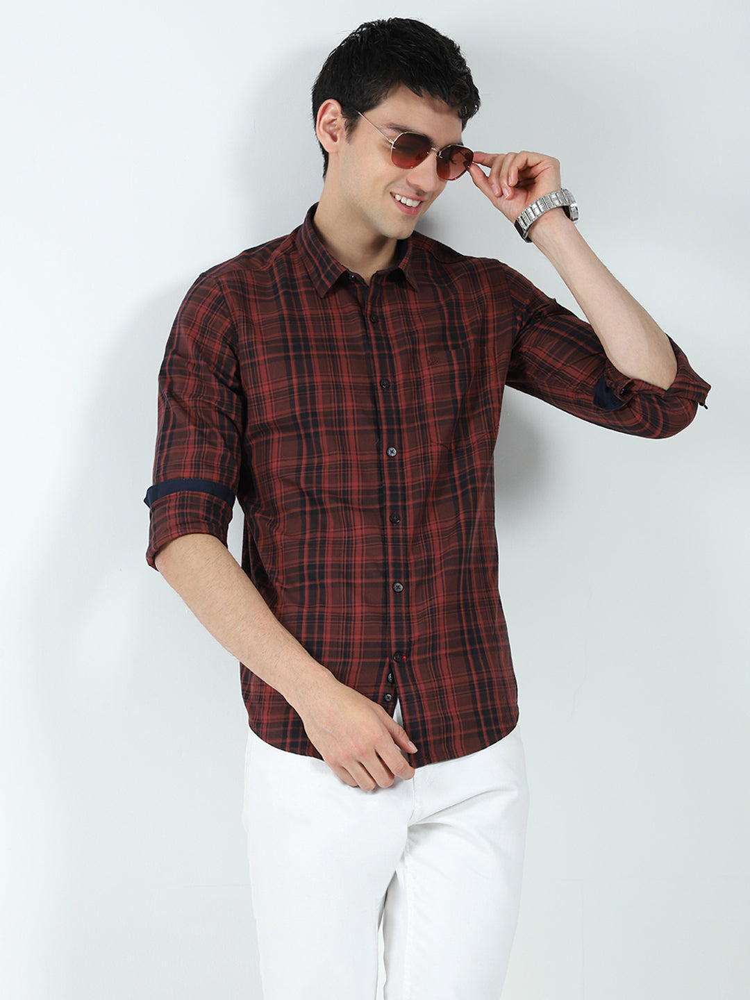 Men Maroon Check Collar Full Sleeve Shirt