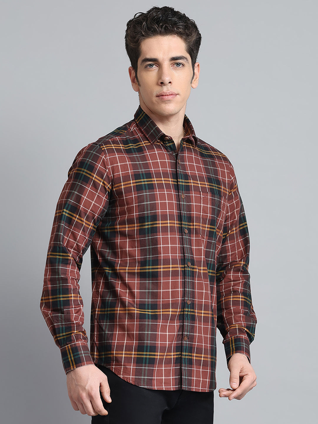 Men Brown Check Collar Full Sleeve Shirt