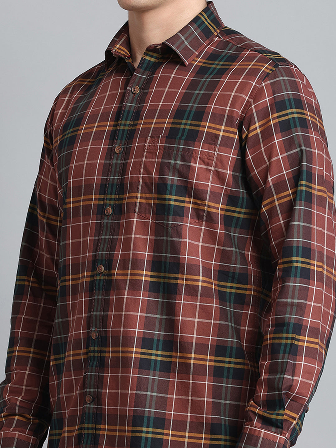 Men Brown Check Collar Full Sleeve Shirt