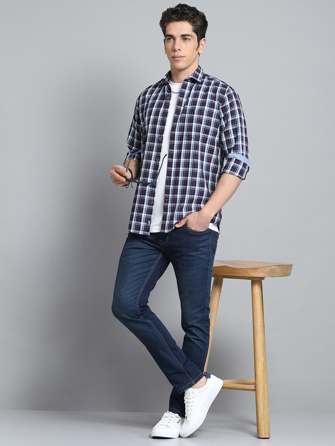 Men Navy Blue Check Collar Full Sleeve Shirt