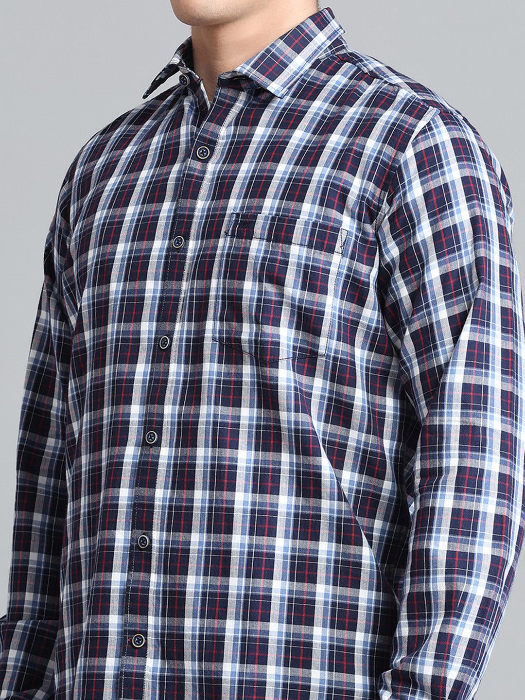Men Navy Blue Check Collar Full Sleeve Shirt