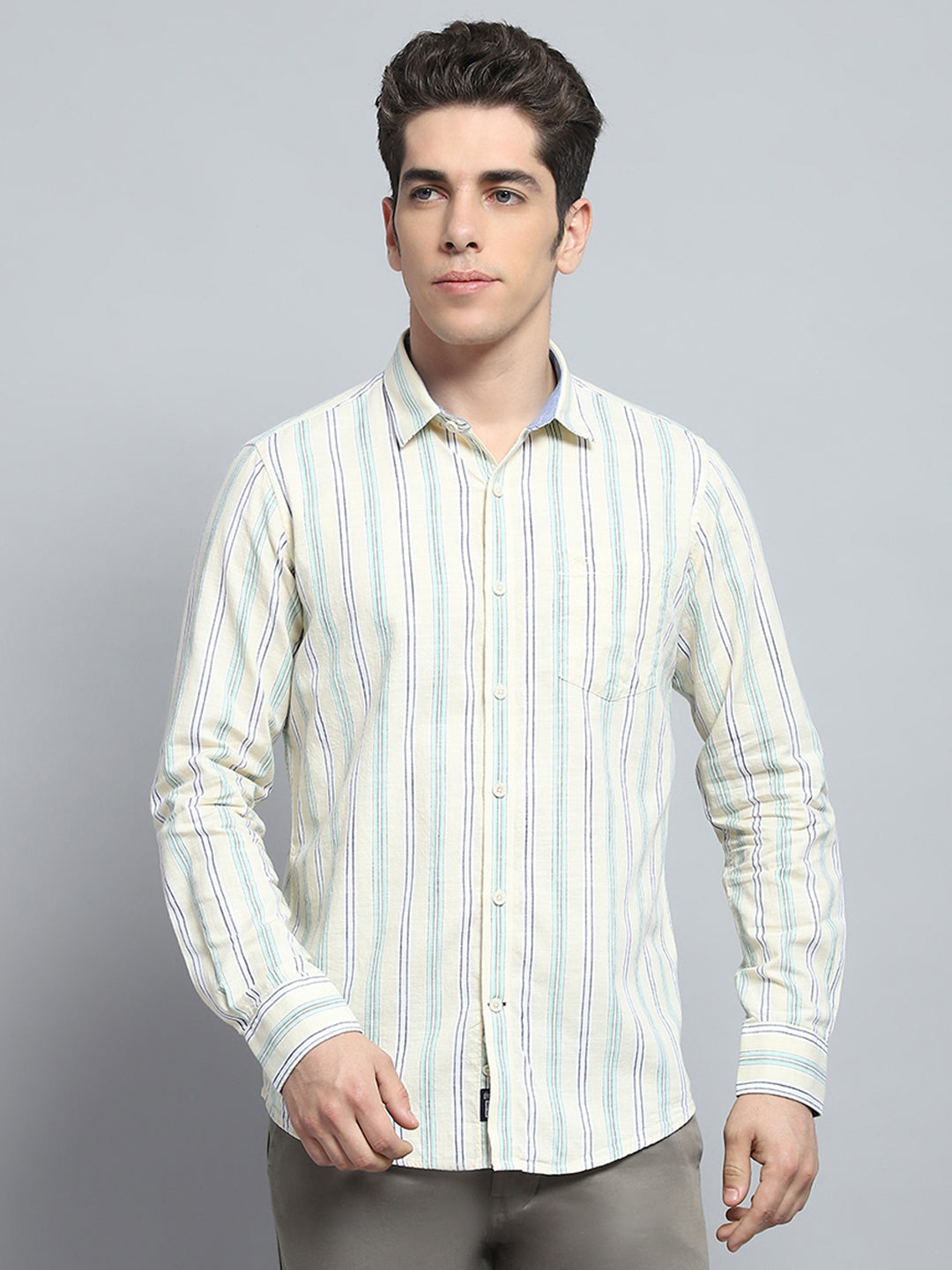 Men Yellow Stripe Collar Full Sleeve Shirt