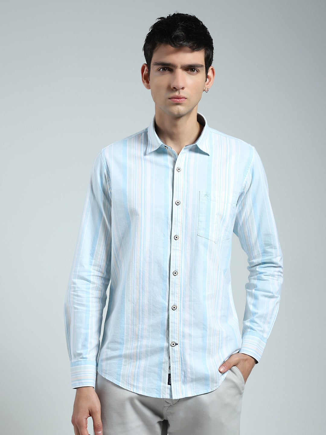 Men Blue Stripe Collar Full Sleeve Shirt