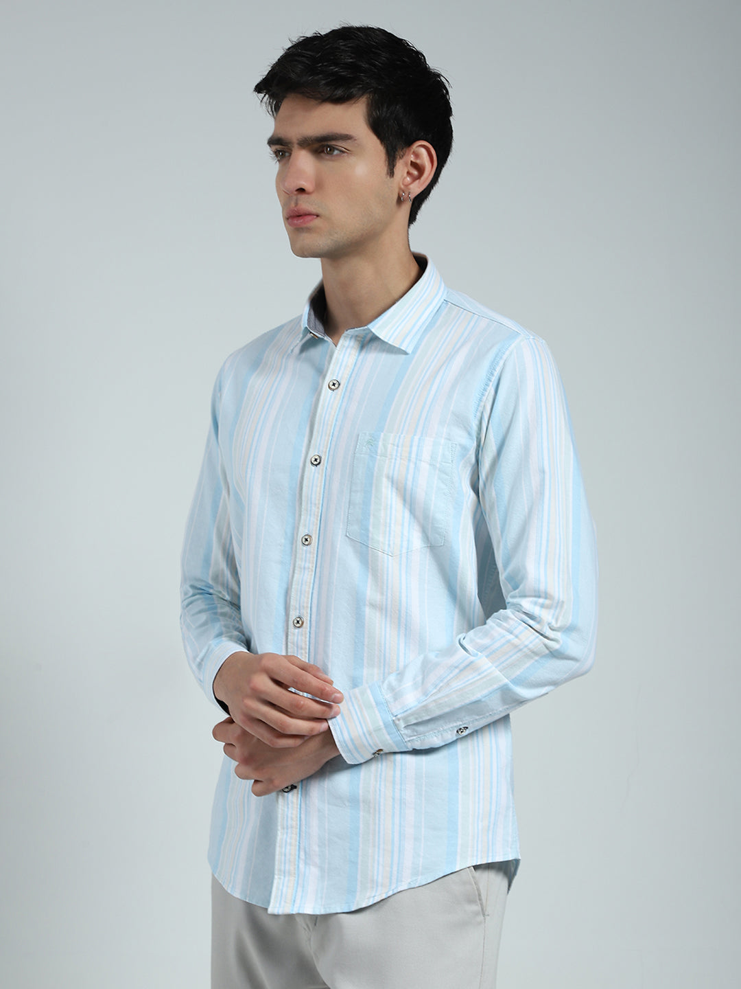 Men Blue Stripe Collar Full Sleeve Shirt