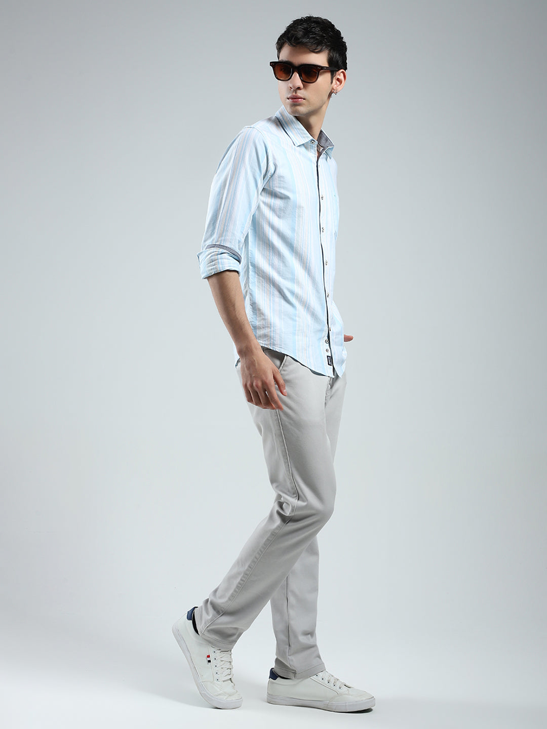 Men Blue Stripe Collar Full Sleeve Shirt