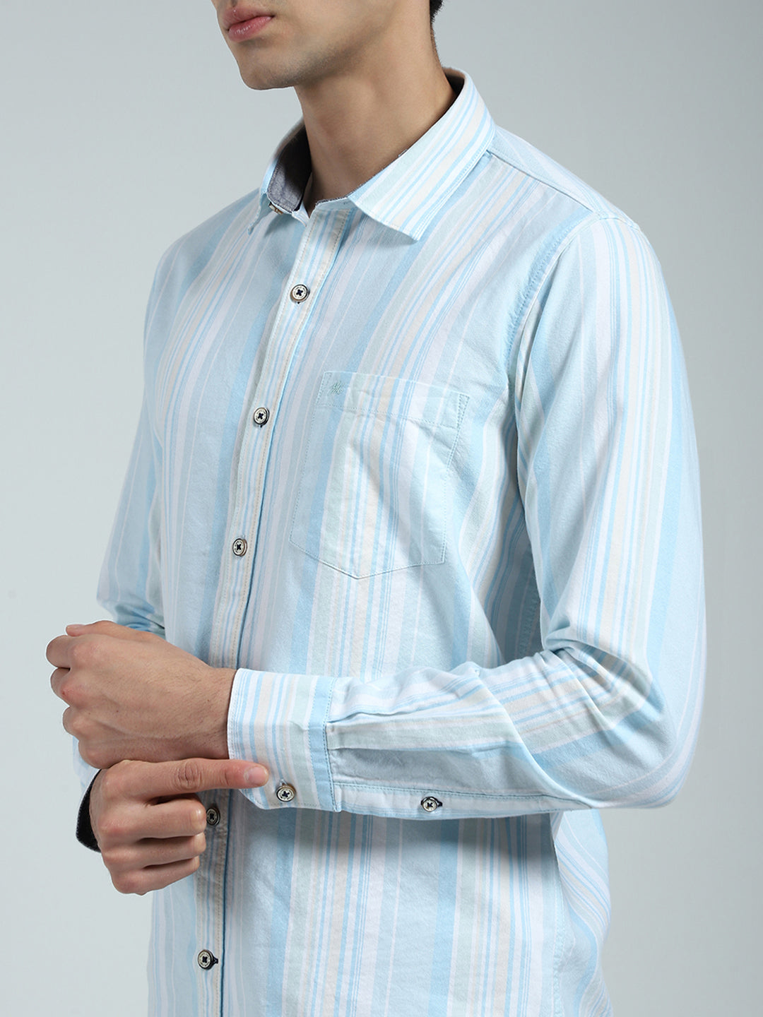 Men Blue Stripe Collar Full Sleeve Shirt