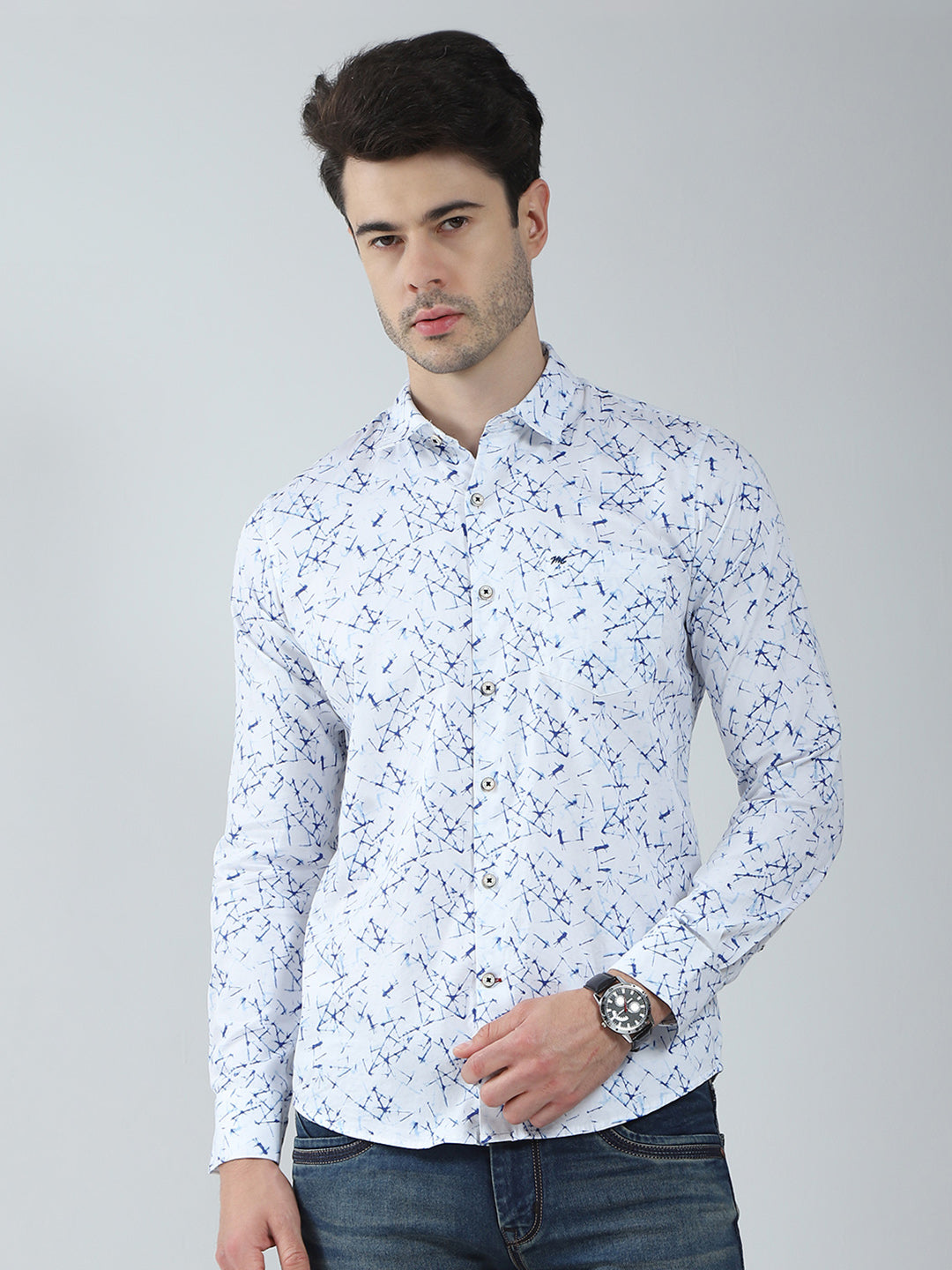 Men White Printed Collar Full Sleeve Shirt