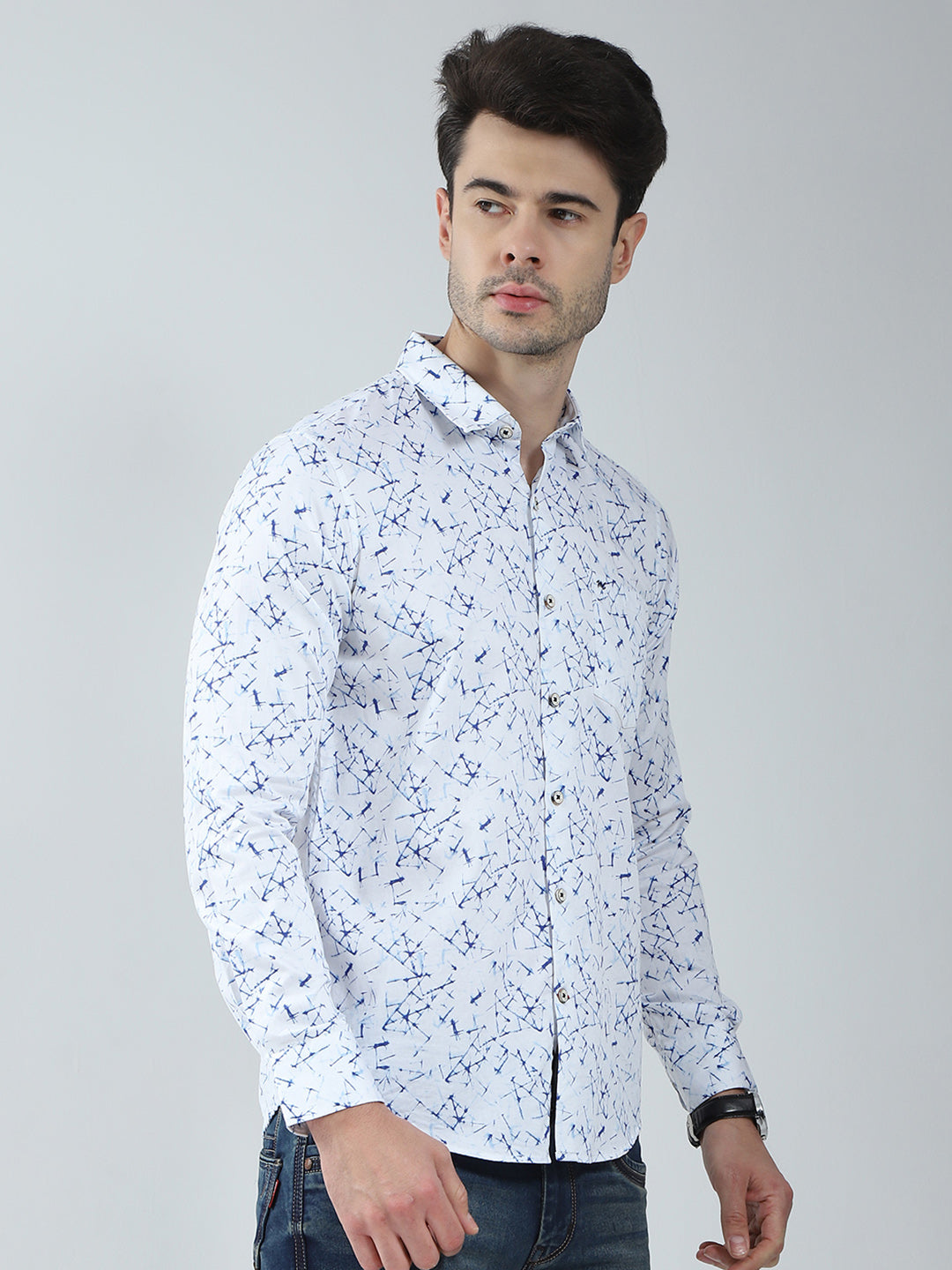 Men White Printed Collar Full Sleeve Shirt