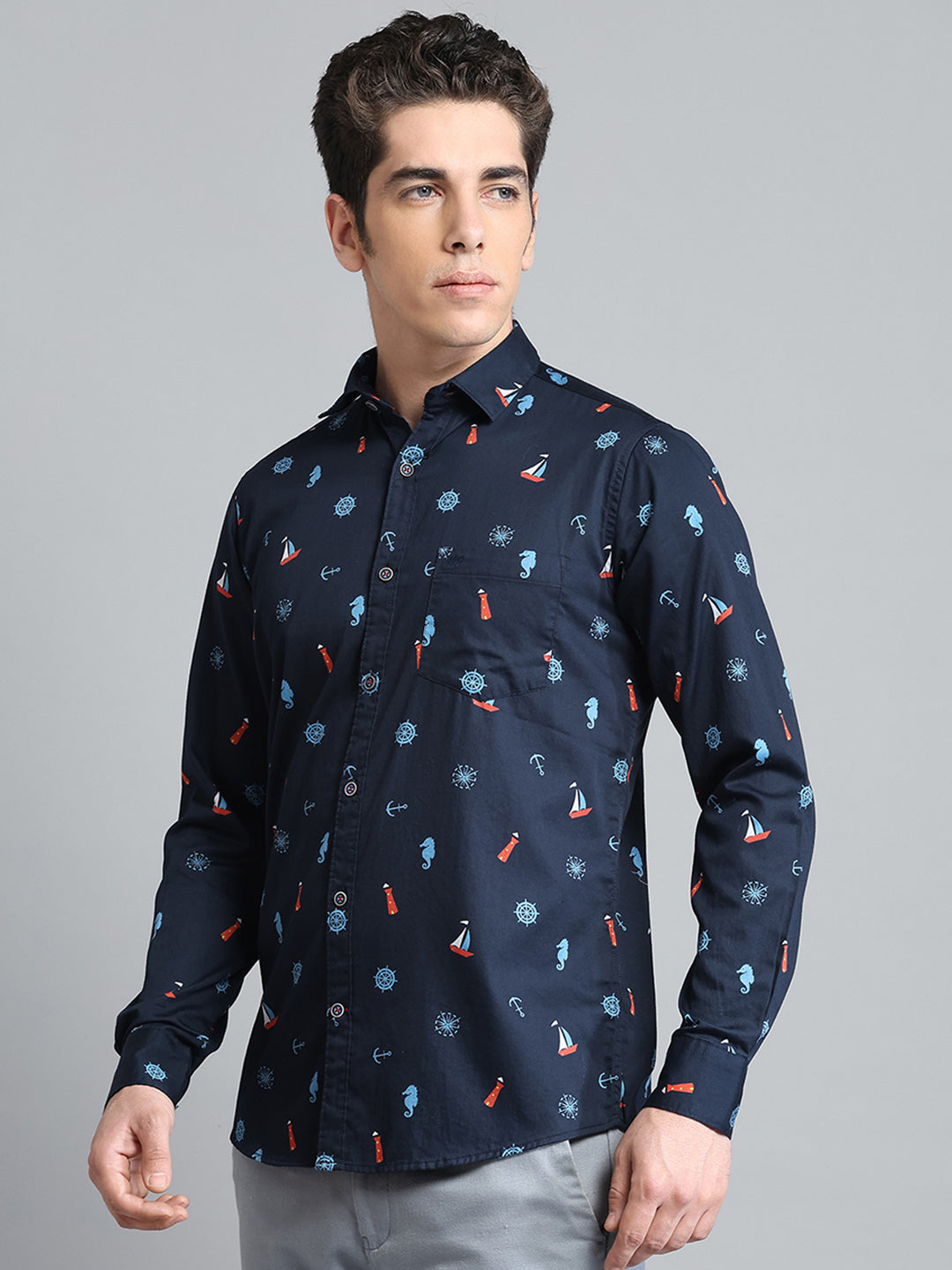 Men Navy Blue Printed Collar Full Sleeve Shirt