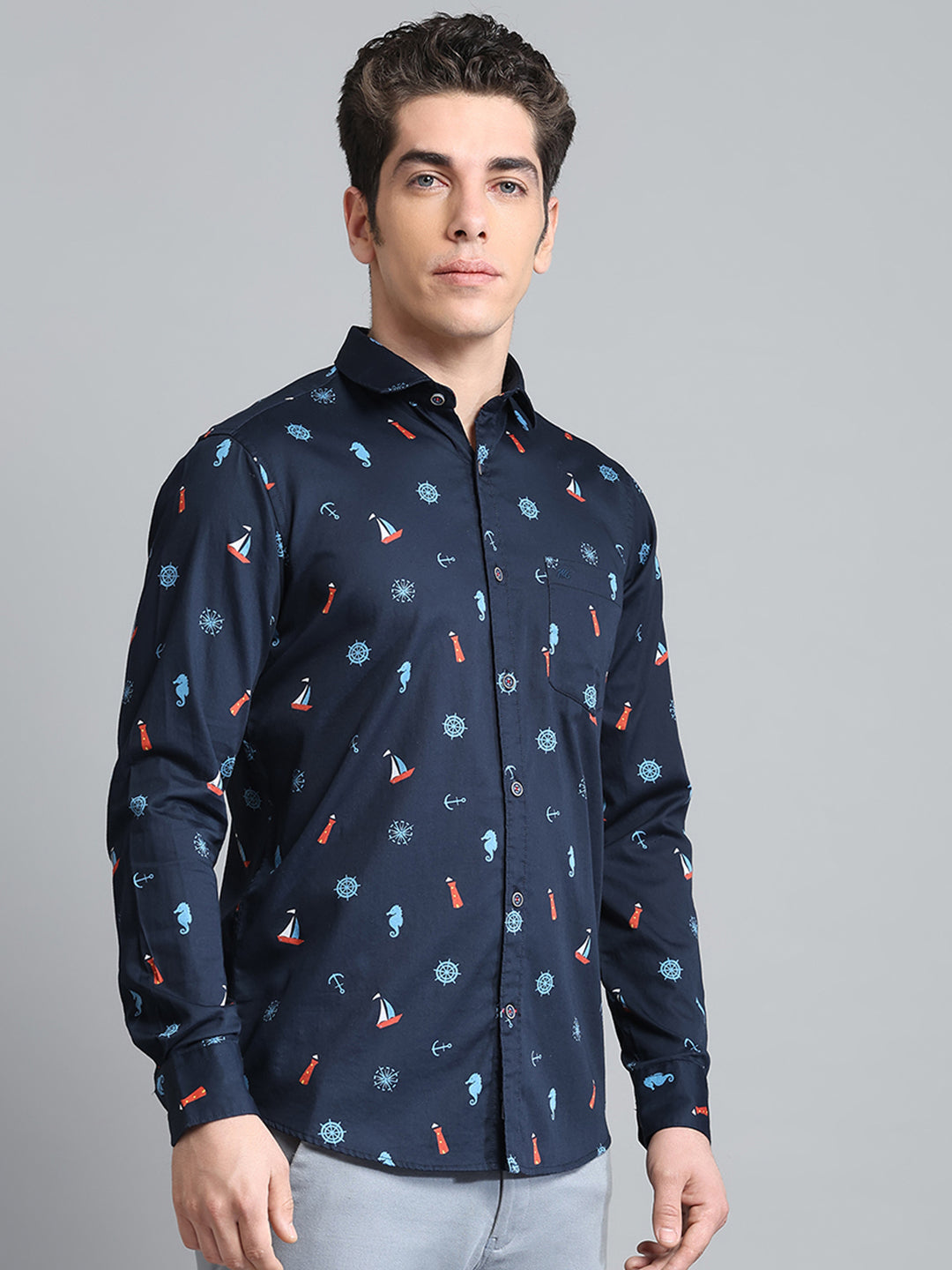 Men Navy Blue Printed Collar Full Sleeve Shirt