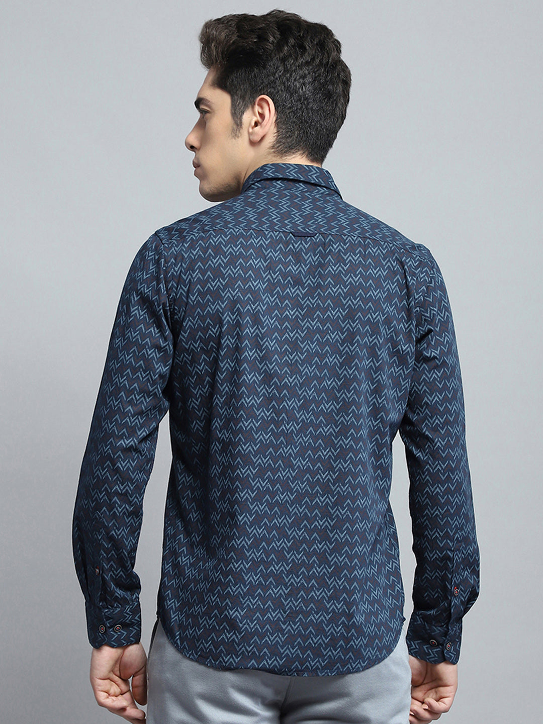Men Navy Blue Printed Collar Full Sleeve Shirt