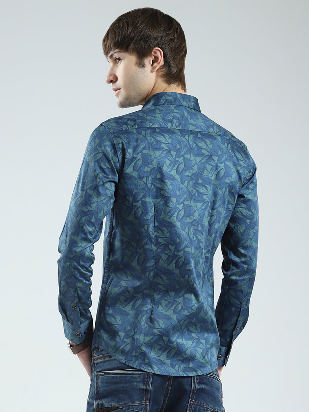 Men Green Printed Collar Full Sleeve Shirt