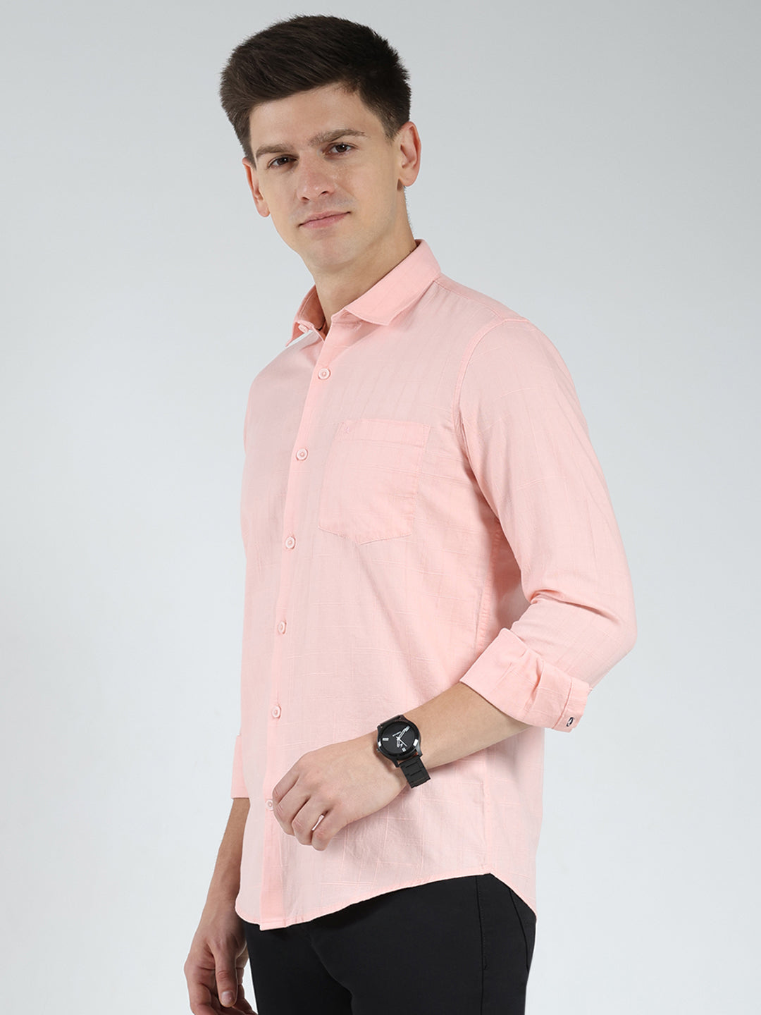 Men Peach Check Collar Full Sleeve Shirt