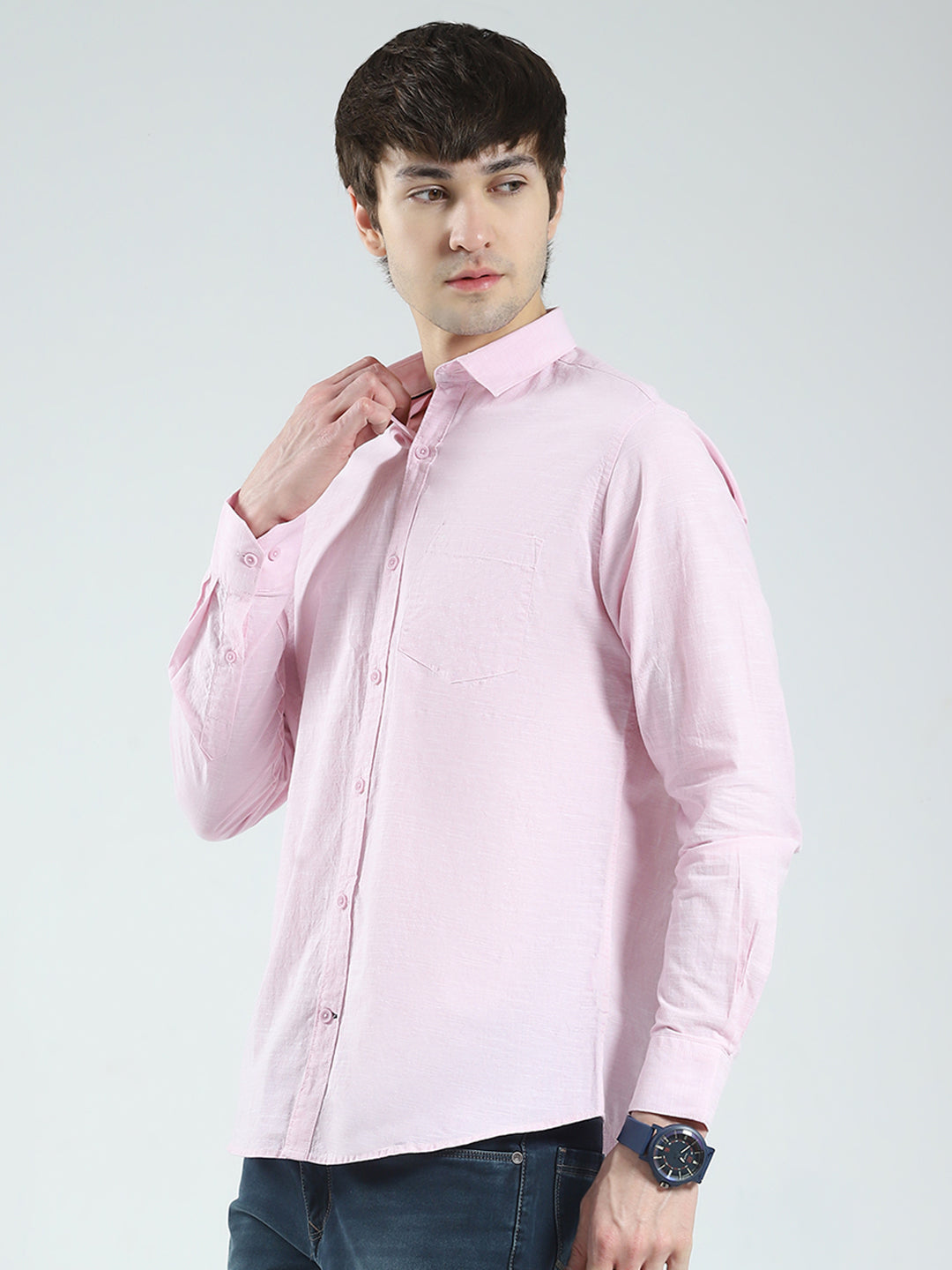 Men Pink Solid Collar Full Sleeve Shirt