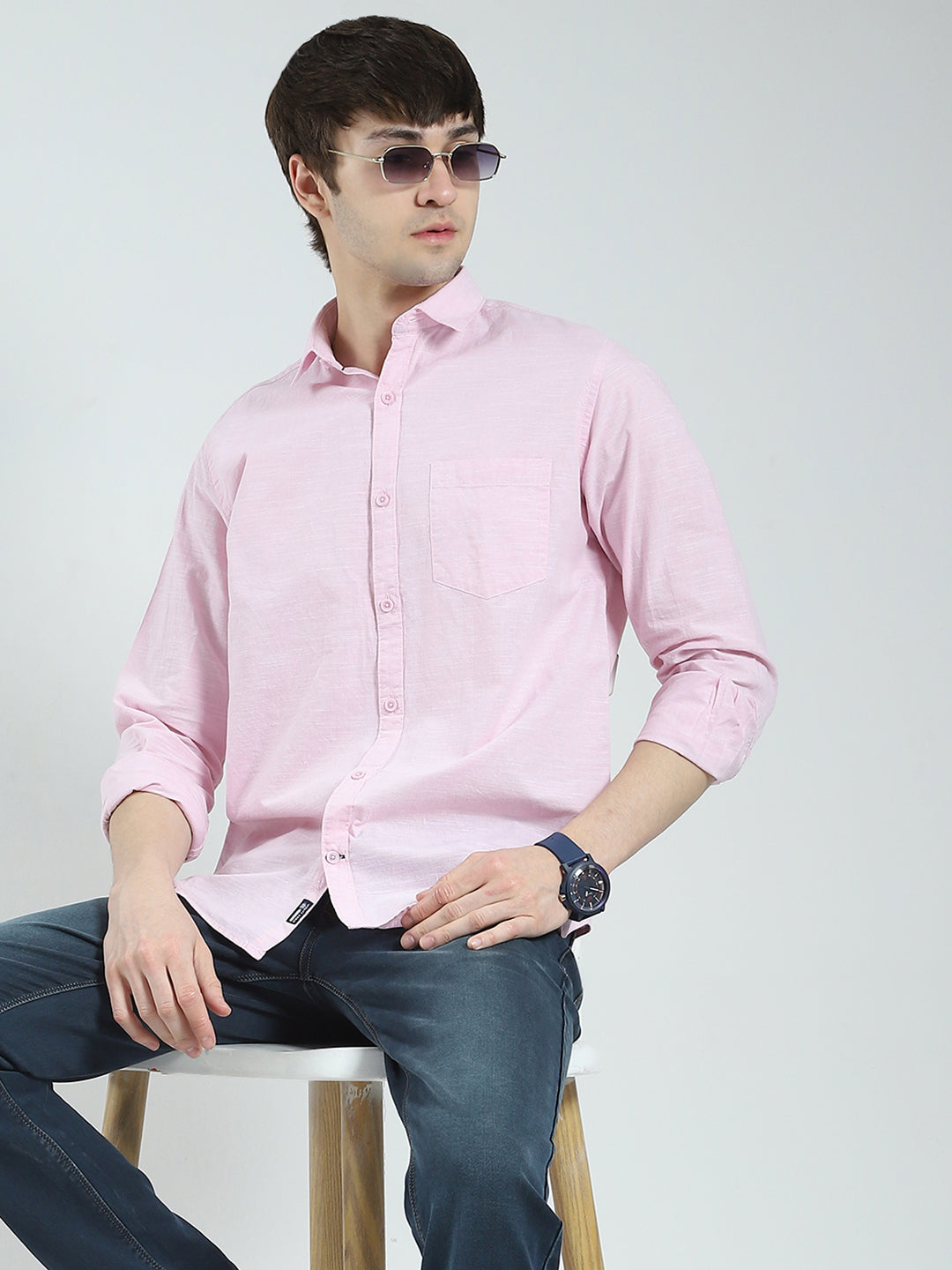 Men Pink Solid Collar Full Sleeve Shirt