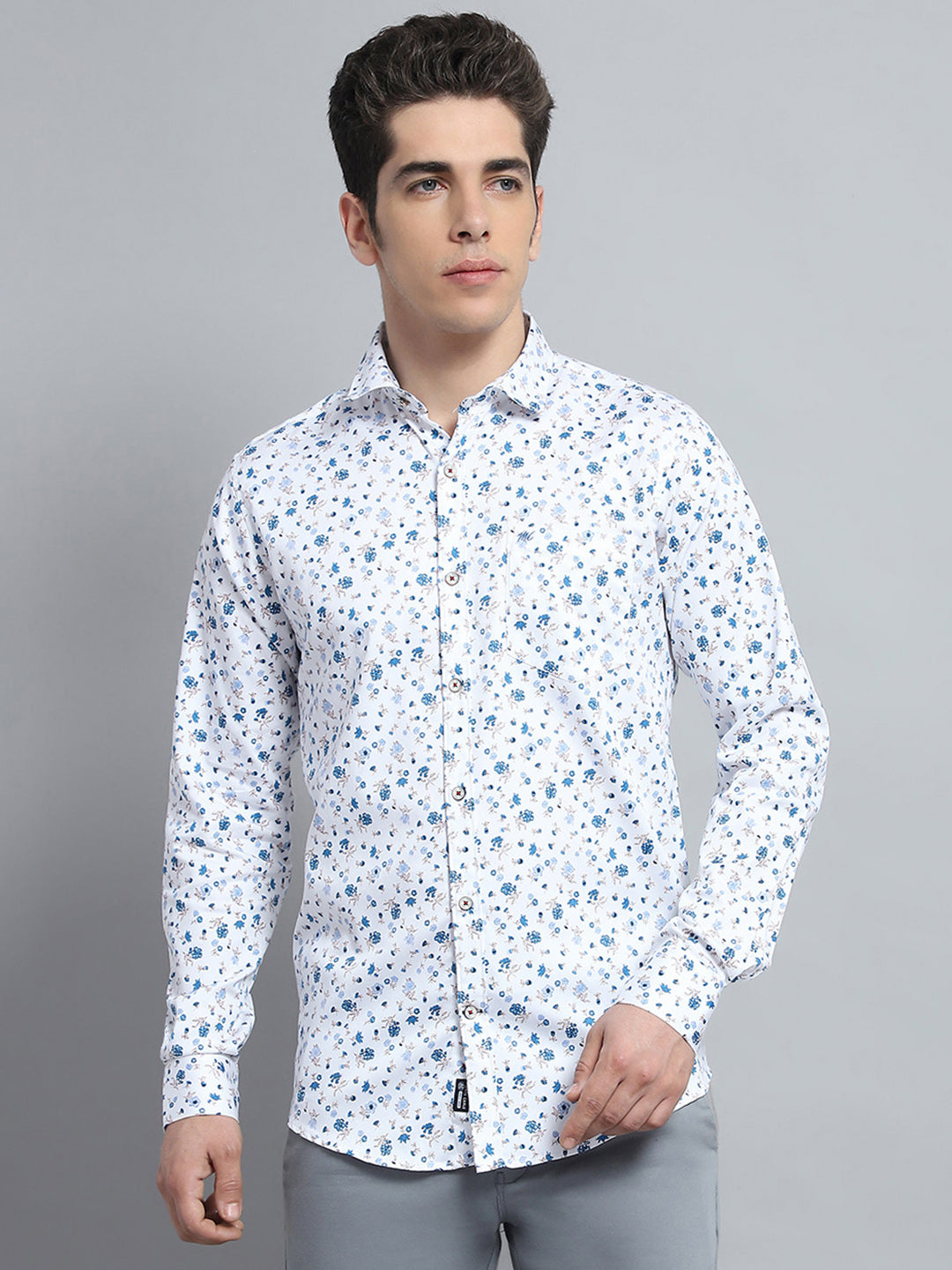 Men Blue Printed Collar Full Sleeve Shirt