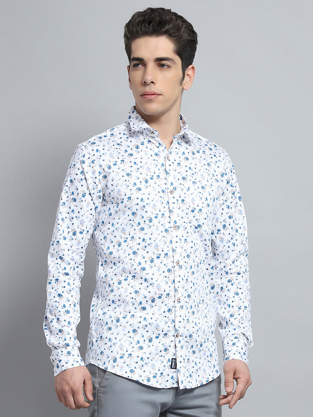 Men Blue Printed Collar Full Sleeve Shirt