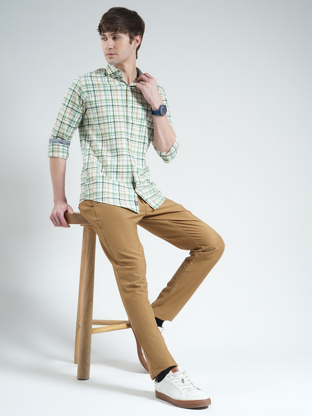 Men Green Check Collar Full Sleeve Shirt