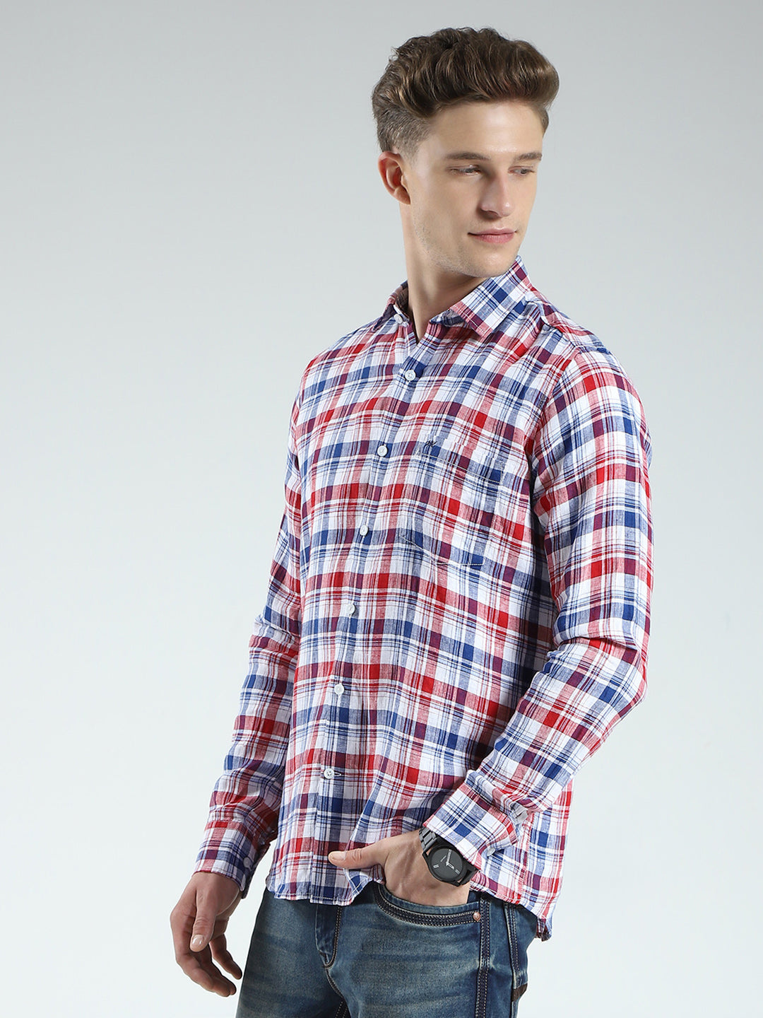 Men Red Check Collar Full Sleeve Linen Shirt