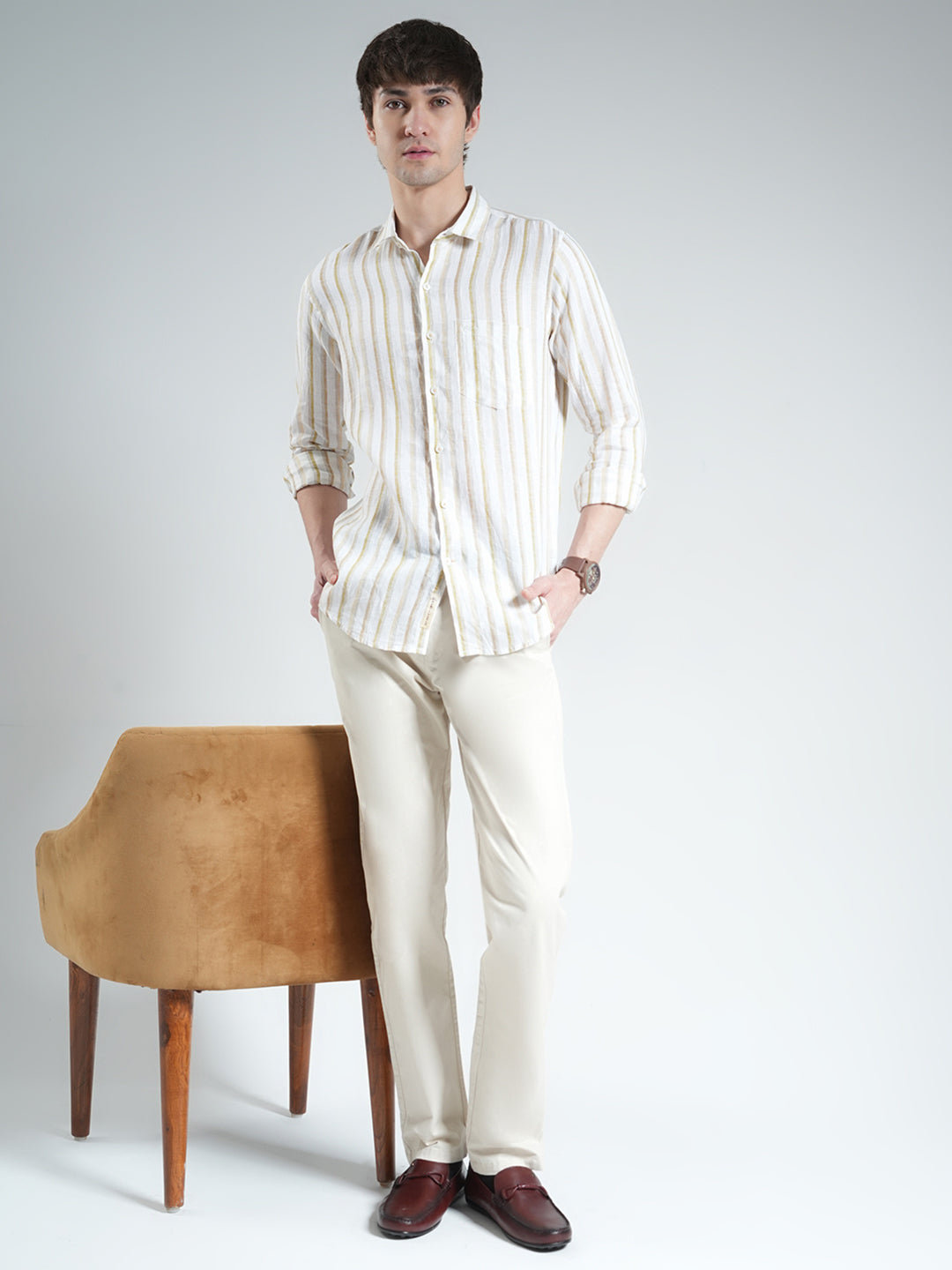 Men Beige Stripe Collar Full Sleeve Linen Shirt