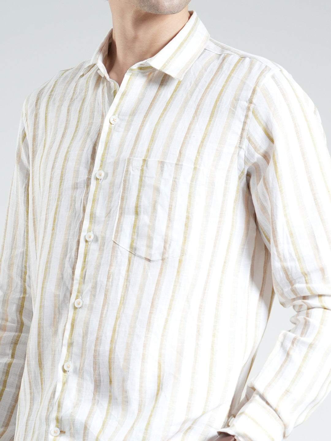 Men Beige Stripe Collar Full Sleeve Linen Shirt