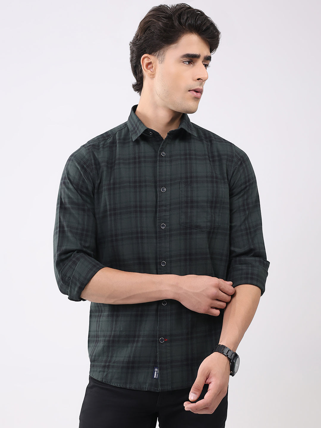 Men Olive Check Collar Full Sleeve Shirt