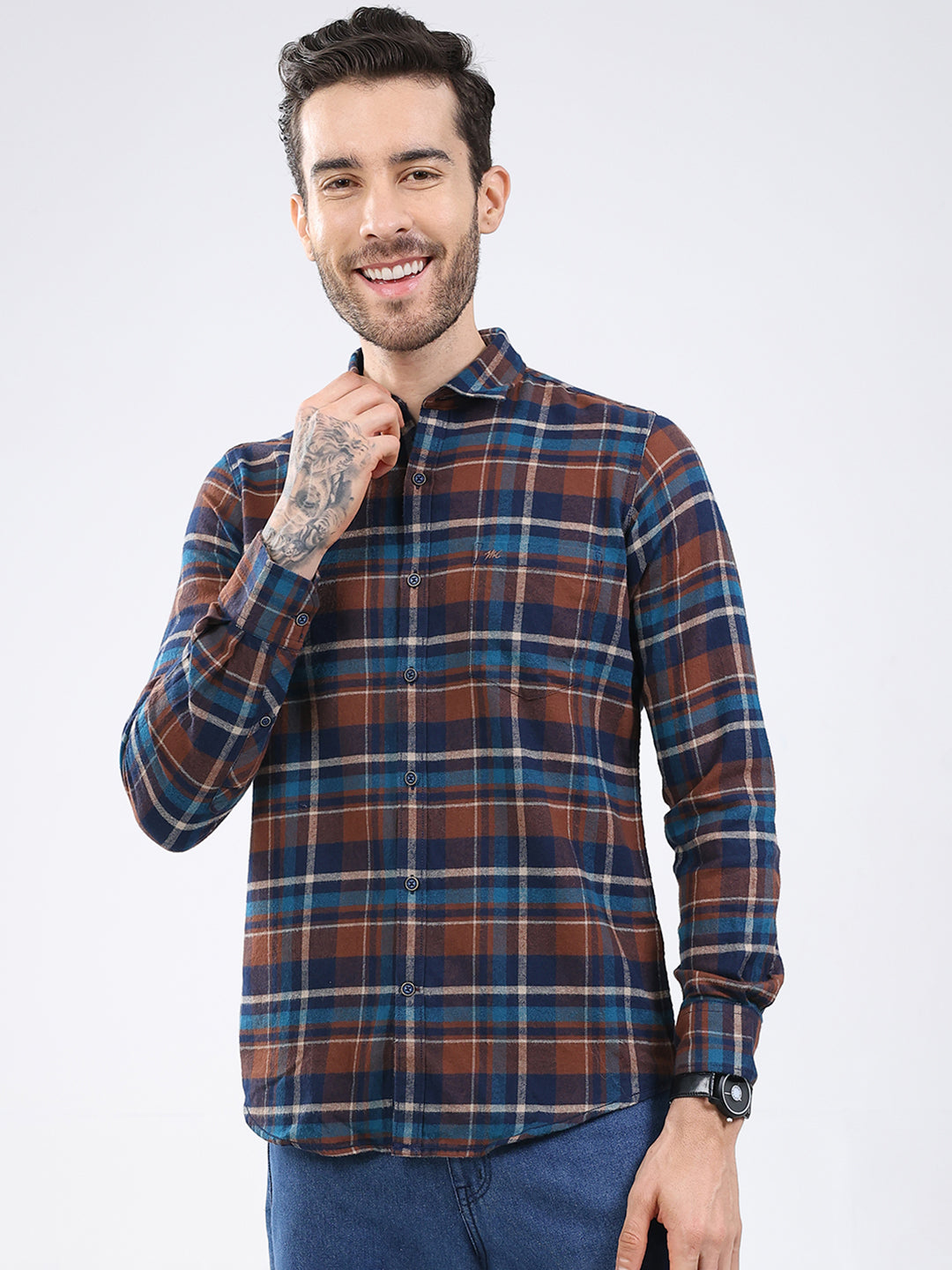 Men Brown Check Collar Full Sleeve Shirt