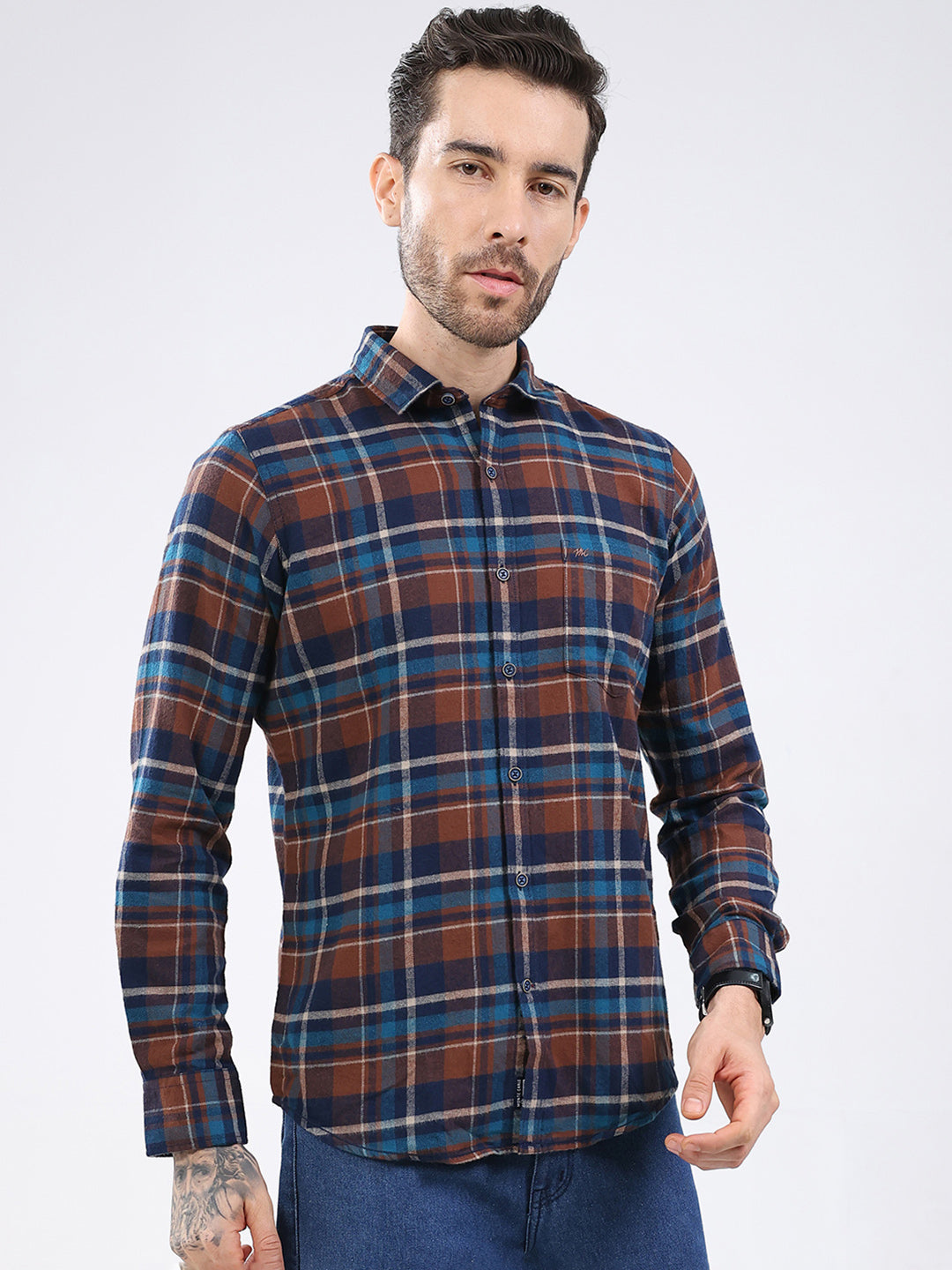 Men Brown Check Collar Full Sleeve Shirt