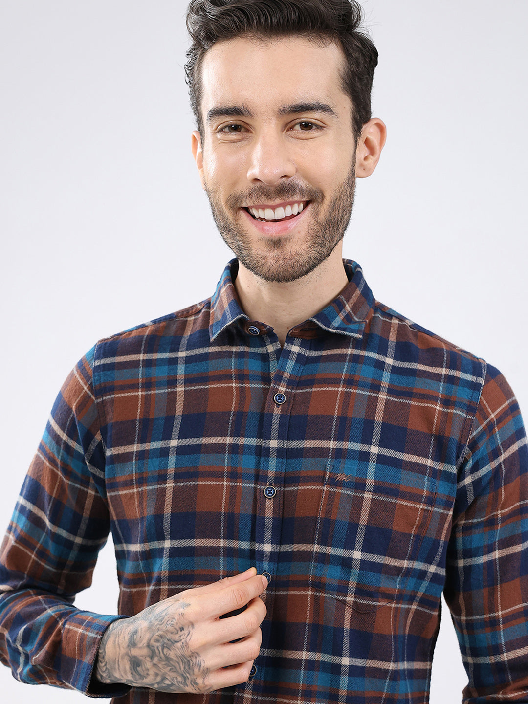 Men Brown Check Collar Full Sleeve Shirt