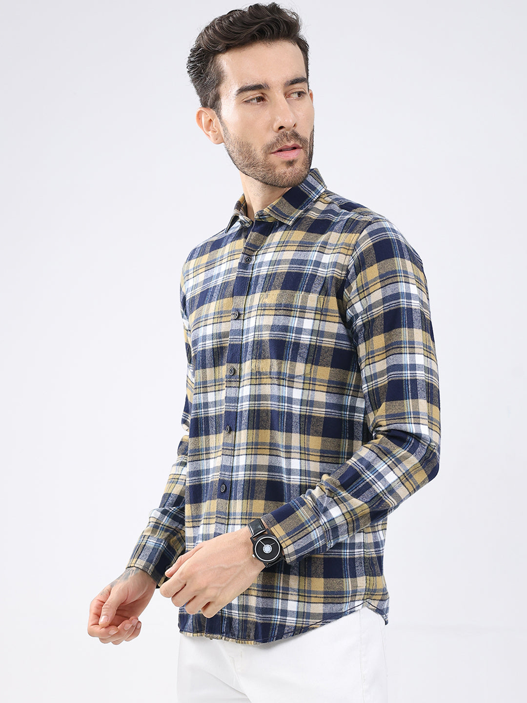 Men Mustard Check Collar Full Sleeve Shirt