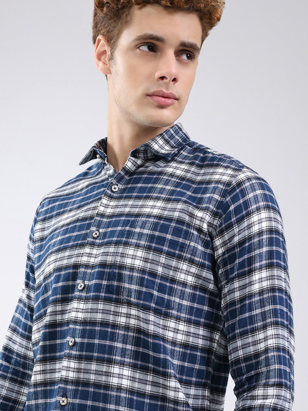 Men Blue Check Collar Full Sleeve Shirt