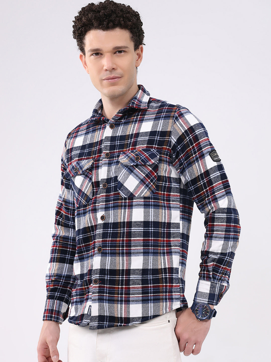 Men Navy Blue Check Collar Full Sleeve Shirt