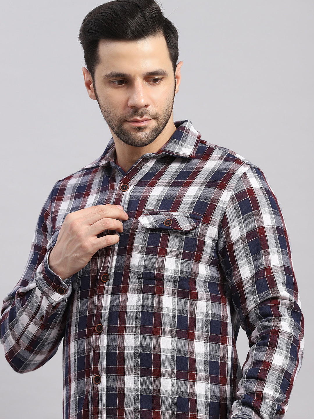 Men Red Check Collar Full Sleeve Shirt