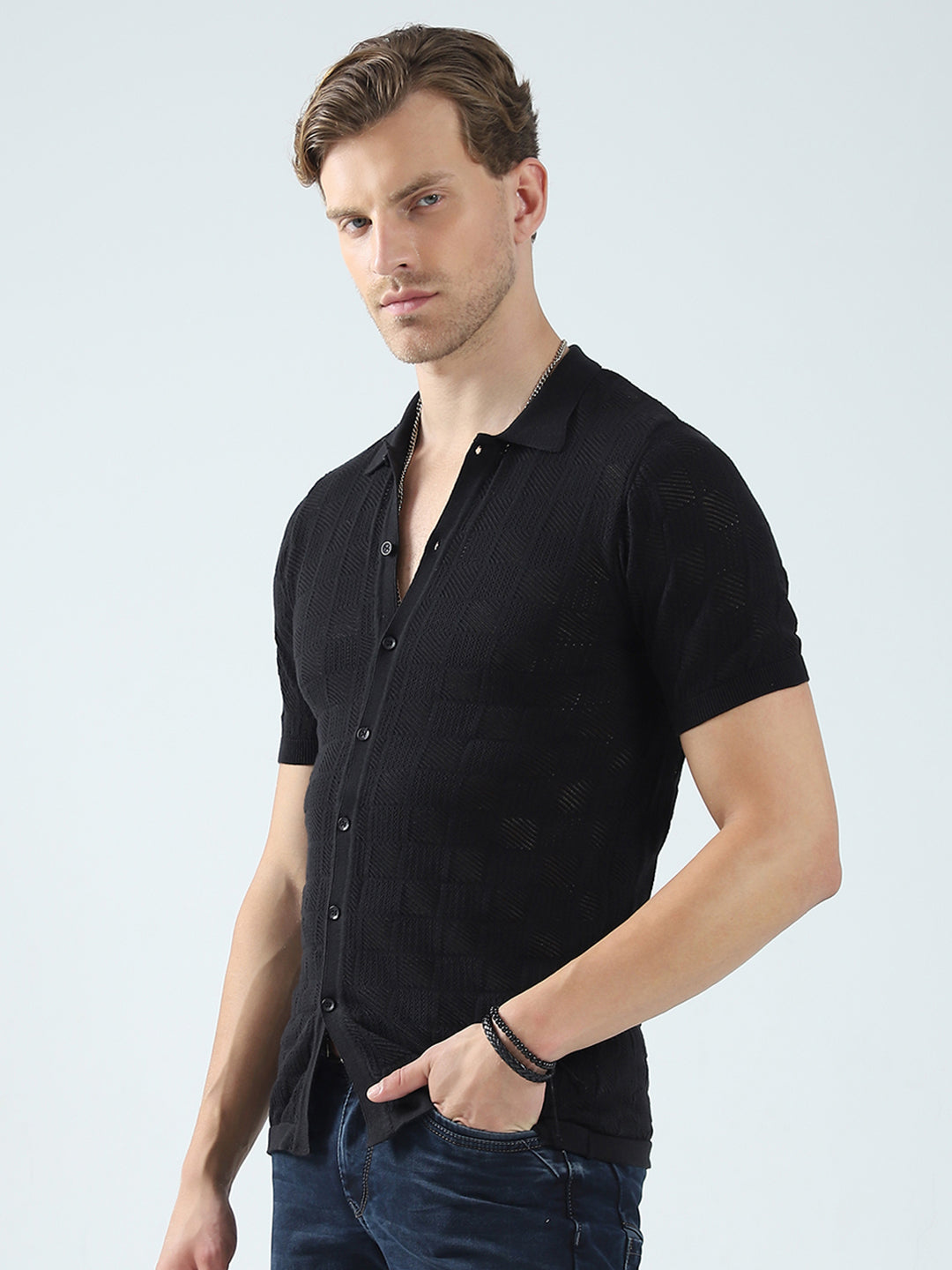 Men Black Self Design Collar Half Sleeve T-Shirt