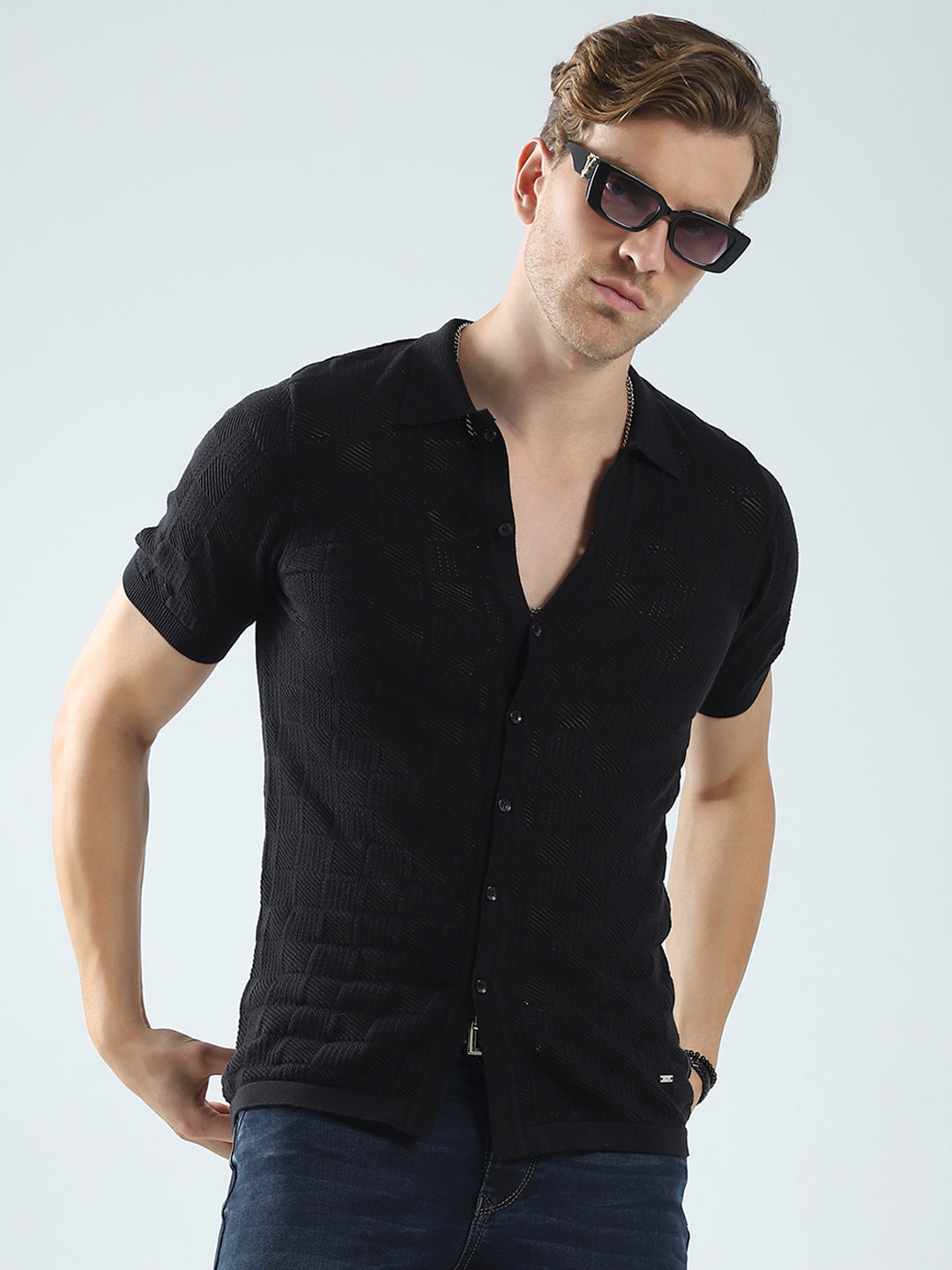 Men Black Self Design Collar Half Sleeve T-Shirt