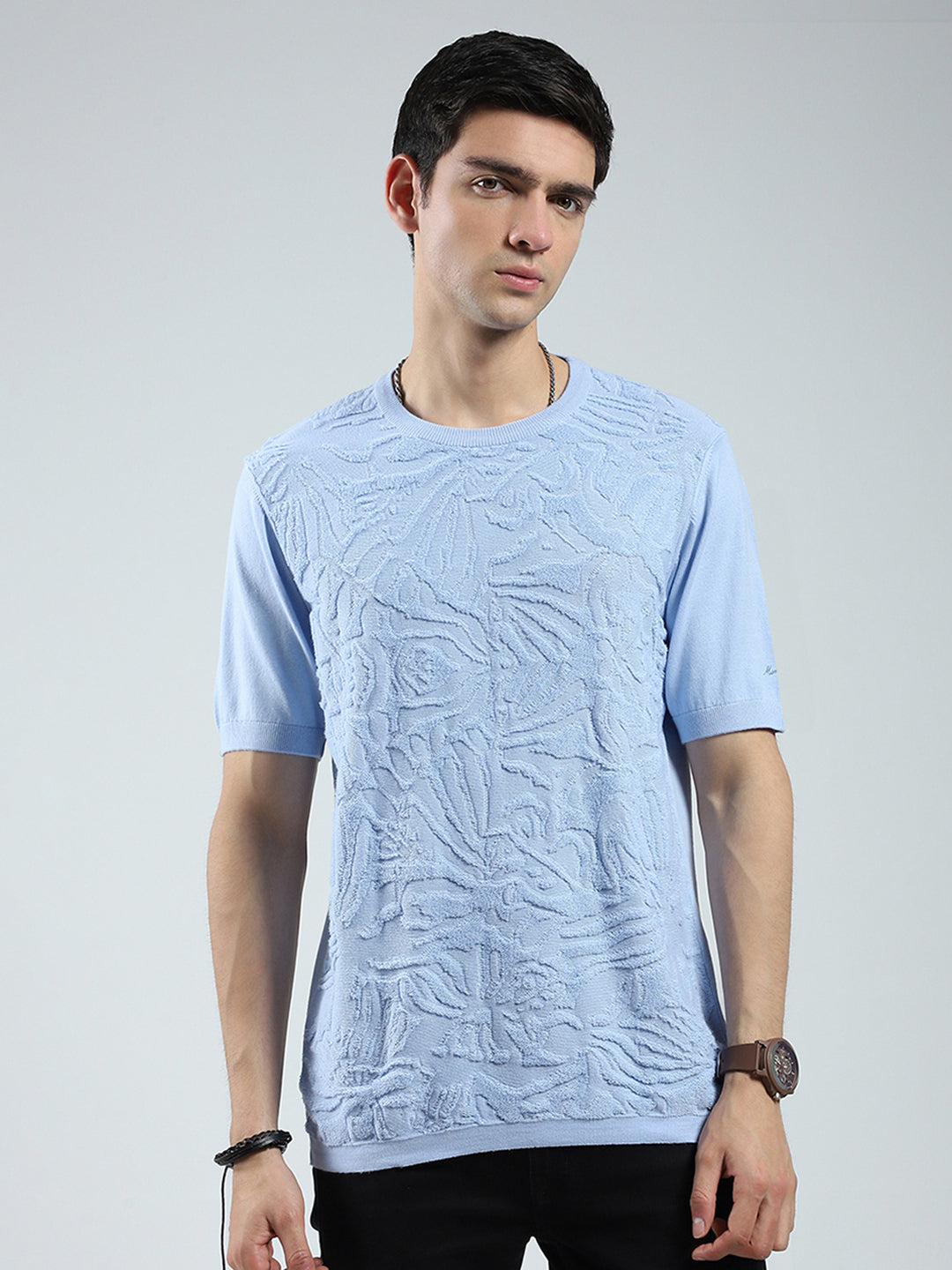 Men Blue Self Design Round Neck Half Sleeve T-Shirt