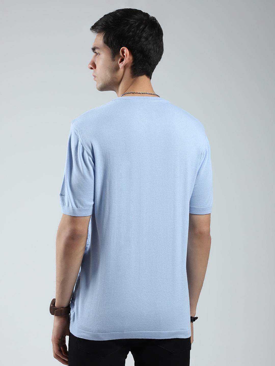 Men Blue Self Design Round Neck Half Sleeve T-Shirt